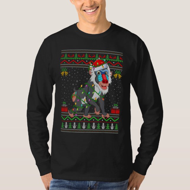 T-shirt Xmas Lights Ugly Sweater Style Santa Baboon Christ (Devant)