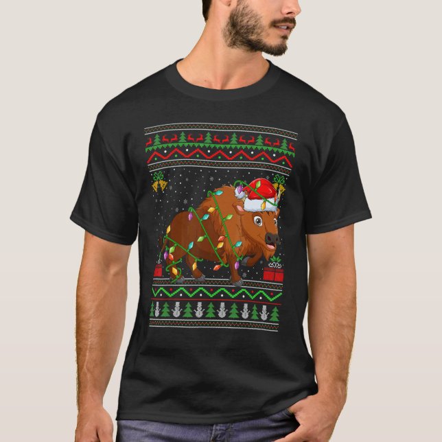 T-shirt Xmas Lights Ugly Sweater Style Santa Bison Christm (Devant)