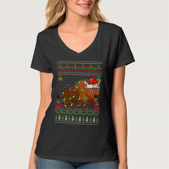 T-shirt Xmas Lights Ugly Sweater Style Santa Bison Christm (Devant)