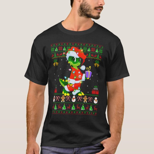 T-shirt Xmas Lights Ugly Sweater Style Santa Crocodile Chr (Devant)