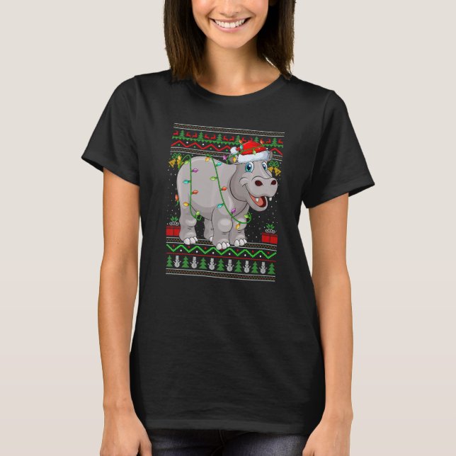 T-shirt Xmas Lights Ugly Sweater Style Santa Hippopotamus  (Devant)