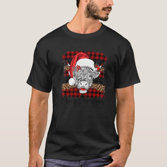 T-shirt Xmas Red Buffalo Plaid Cow Santa Claus Hat Mooey C (Devant)