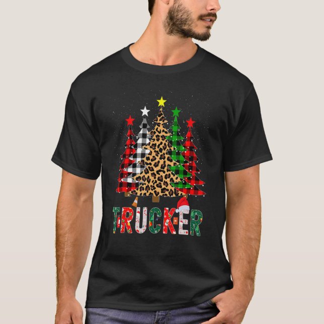 T-shirt Xmas Santa Trucker Leopard Plaid Print Christmas T (Devant)