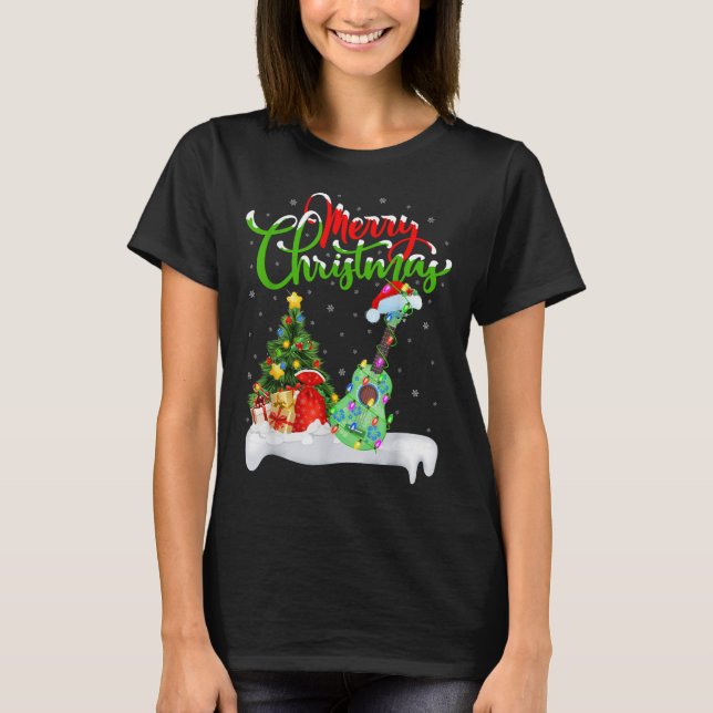 T-shirt Xmas Tree Lights Santa Hat Musical Ukulele Guitar  (Devant)