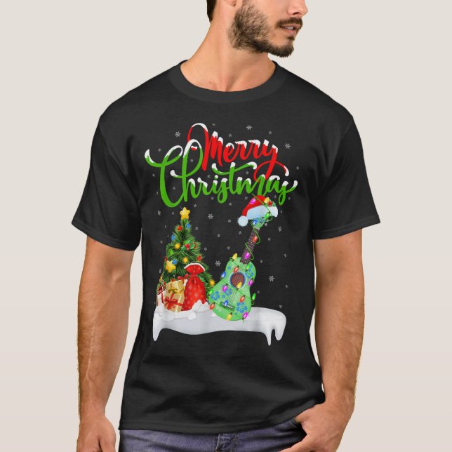 T-shirt Xmas Tree Lights Santa Hat Musical Ukulele Guitar  (Devant)