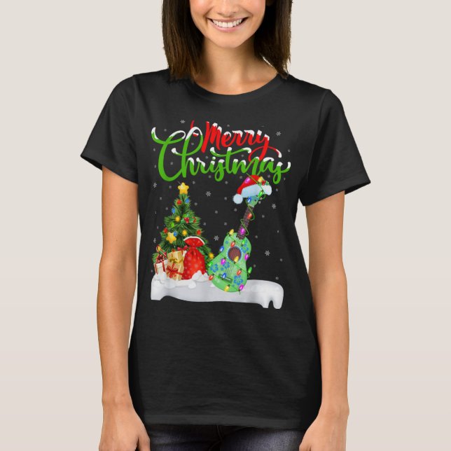 T-shirt Xmas Tree Lights Santa Hat Musical Ukulele Guitar  (Devant)
