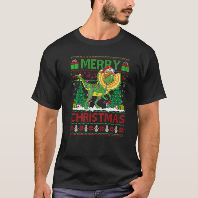 T-shirt Xmas Tree Lights Ugly Santa Dilophosaurus Dinosaur (Devant)