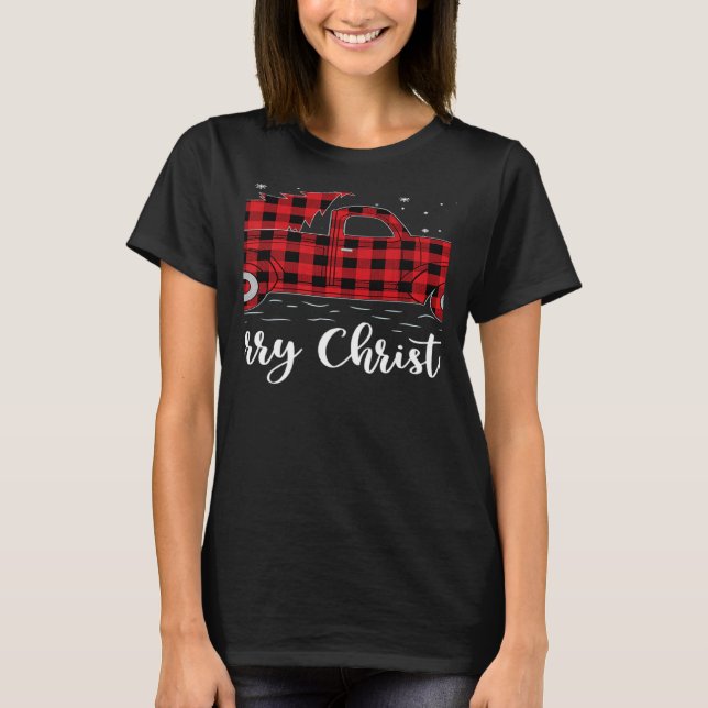 T-shirt Xmas Tree Red Buffalo Plaid Red Truck Merry Christ (Devant)