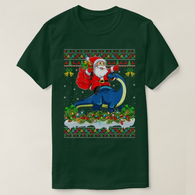 T-shirt Xmas Ugly Père Noël équitation Brontosaurus Dinosa (Design devant)