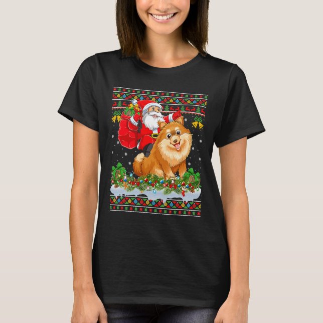T-shirt Xmas Ugly Père Noël équitation Pomeranian (Devant)