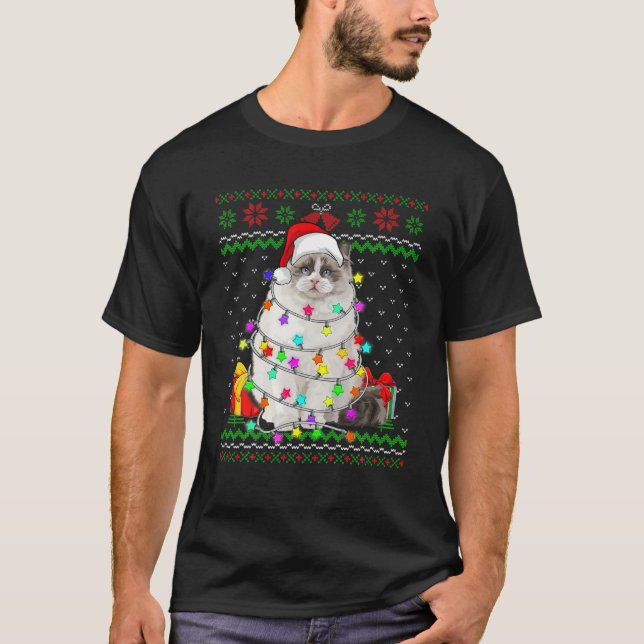 T-shirt Xmas Ugly Sweater Christmas Lights Cat Kitten Love (Devant)