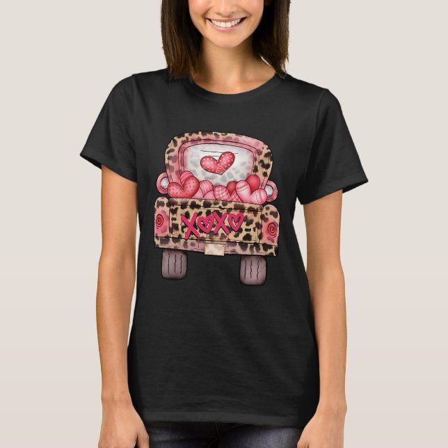 T-shirt XOXO Cute Pink Heart Leopard Camion Heureux Valent (Devant)