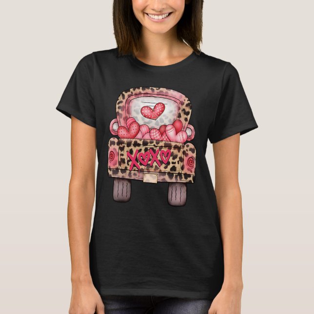 T-shirt XOXO Cute Pink Heart Leopard Camion Heureux Valent (Devant)