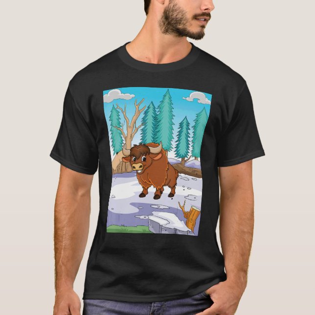 T-shirt Yak Brown Se Tenant Dans Un Champ De Neige Prêt Au (Devant)