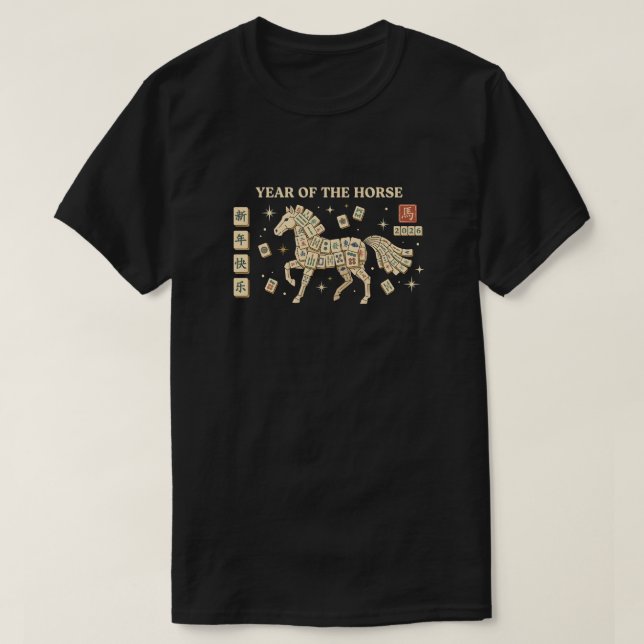 T-shirt Year of the Horse 2026, Retro Mahjong Chinese (Design devant)