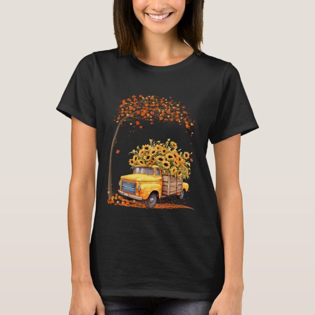 T-shirt Yellow Pickup Truck Sunflower Fall Leaves Autumn H (Devant)