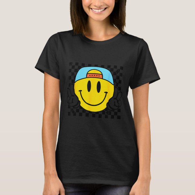 T-shirt Yellow Smile Face Cute Checkered Peace Smiling Hap (Devant)