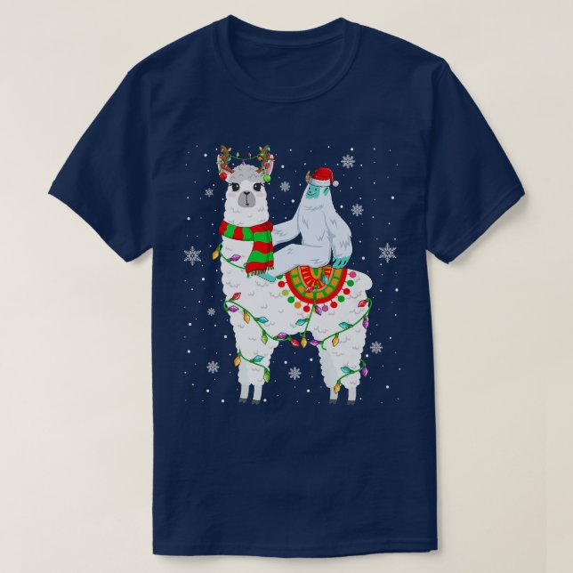 T-shirt Yeti Lover Xmas Lights Père Noël Yati Riding Llama (Design devant)