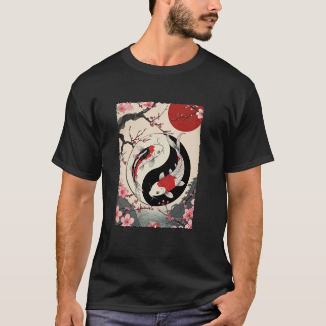 T-shirt Yin And Yang Japanese Koi Carp Fish Cherry Blossom (Devant)