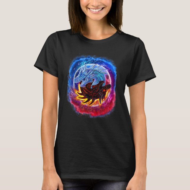 T-shirt Yin Yang Glace et Dragon de feu dans l'espace (Devant)