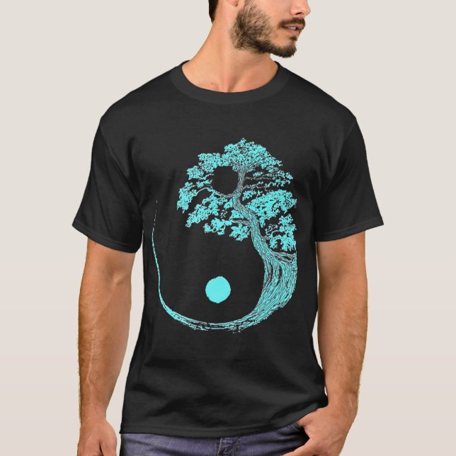T-shirt Yin Yang Turquoise Bleu Bonsai Arbre Japonais Zen (Devant)