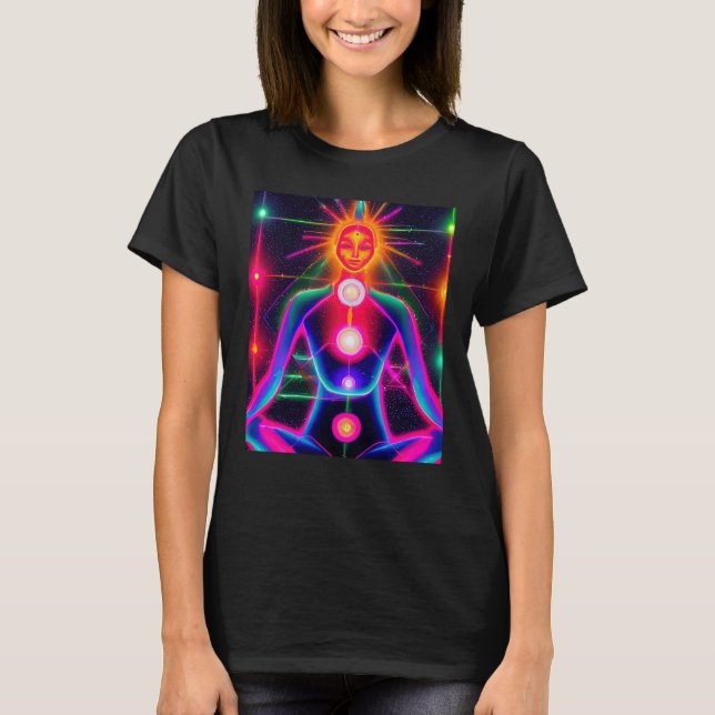 T-shirt Yoga Girl Female Sun Salutation Meditation Chakra  (Devant)