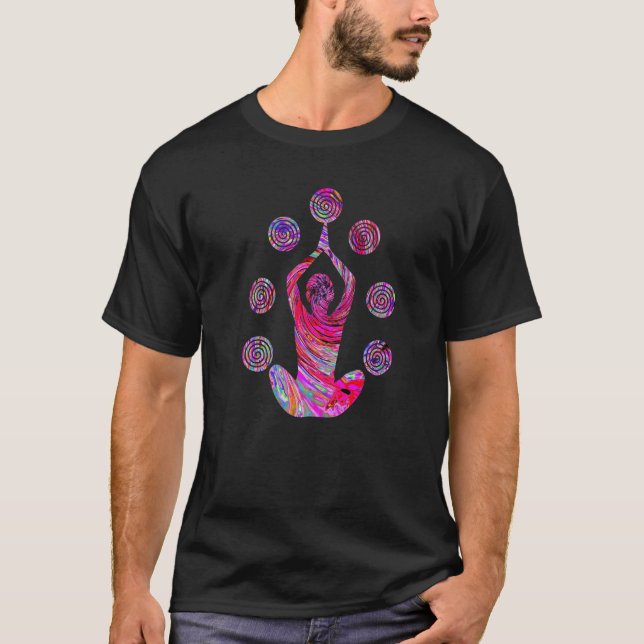 T-shirt Yoga Meditation Pose with Spirals in Red and Pink  (Devant)