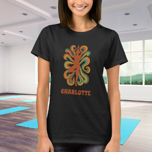 T-shirt Yoga pose tourbillons rétro vert orange nom