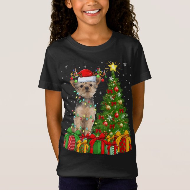 T-Shirt Yorkie Chien Éclairage Xmas Arbre Santa Hat Yorkie (Devant)