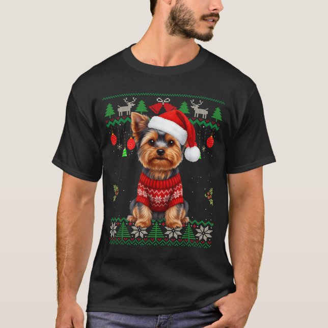 T-shirt Yorkie Dog Christmas Wearing Ugly Christmas Sweate (Devant)
