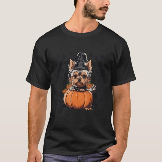 T-shirt Yorkie Halloween Costume Tee Citrouille Hommes Fem (Devant)