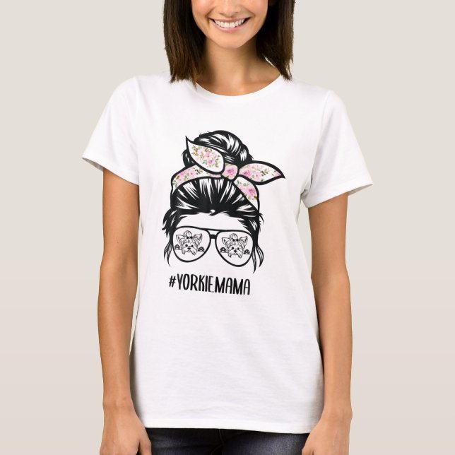 T-shirt Yorkie Maman Messy Bun Lunettes de cheveux, Yorksh (Devant)