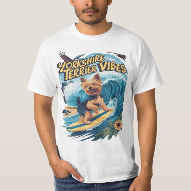 T-shirt Yorkshire aquatique Terrier surf la vague (Devant)