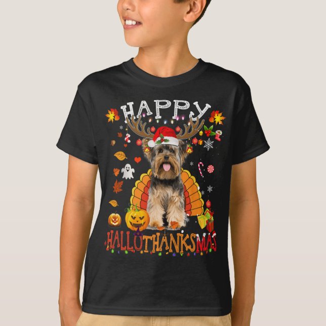 T-shirt Yorkshire Chien Halloween Chien de Noël Joyeux Hal (Devant)