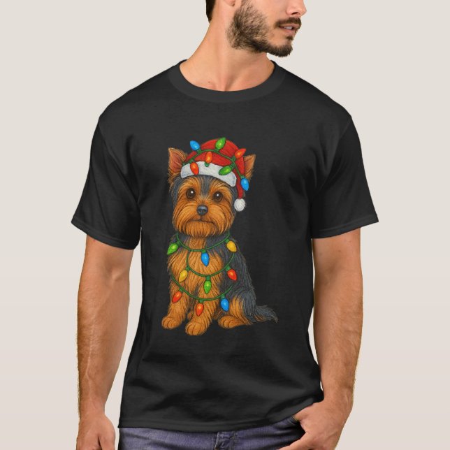 T-shirt Yorkshire Terrier Christmas Lights Dog Lover Xmas  (Devant)