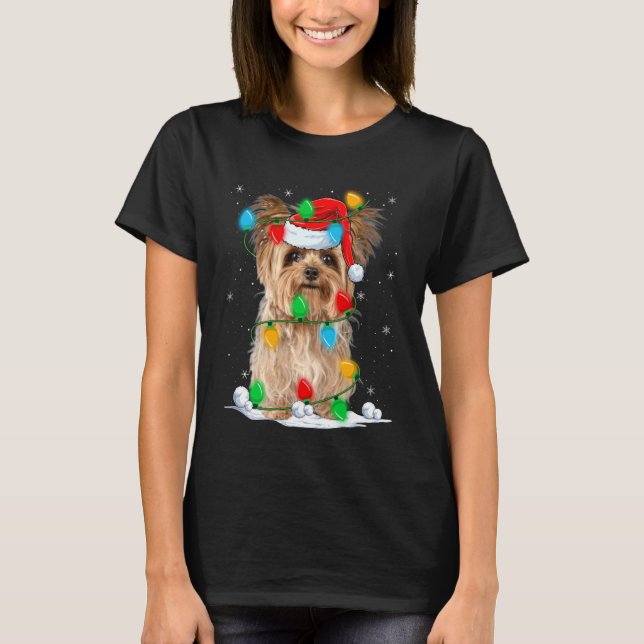 T-shirt Yorkshire Terrier Dog Christmas Lights Funny Santa (Devant)