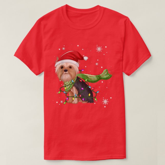 T-shirt Yorkshire Terrier Feux d'arbre de Noël Lumières Dr (Design devant)