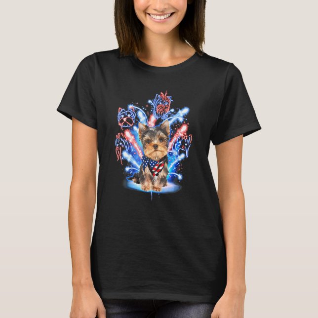 T-shirt Yorkshire Terrier Fireworks Couleur Drapeau améric (Devant)
