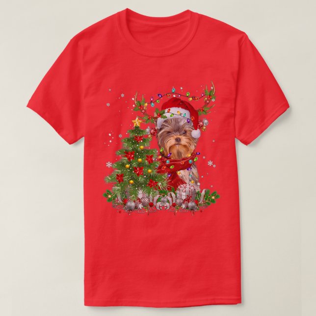 T-shirt Yorkshire Terrier Reindeer Arbre de Noël Lumière D (Design devant)