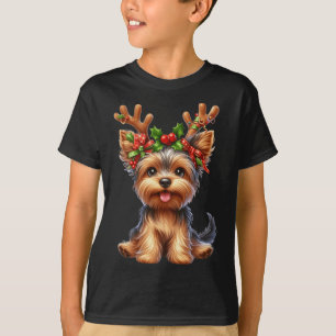 T-shirt Yorkshire Terrier Reindeer Santa Hat Noël Lumières