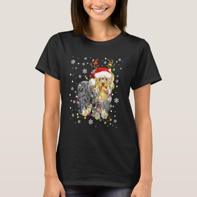 T-shirt Yorkshire Terrier Santa Hat Noël lumières Noël (Devant)
