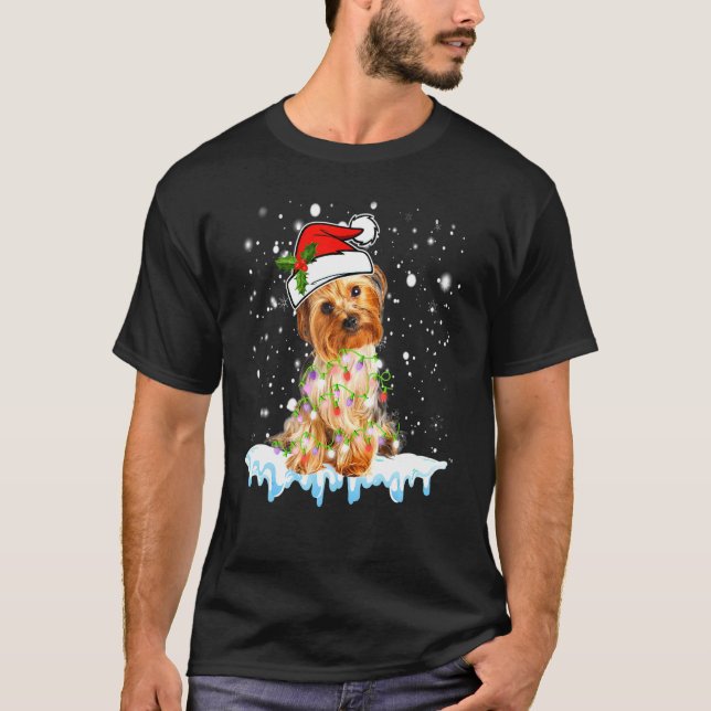 T-shirt Yorkshire Terrier Santa Hat Xmas Lumières Chien (Devant)