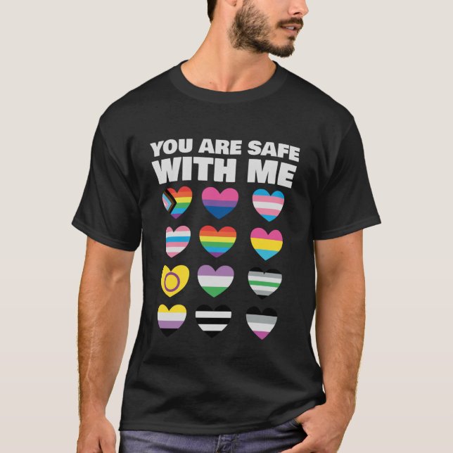 T-shirt You Are Safe With Me LGBT-Q Cool Rainbow Flag Gay  (Devant)