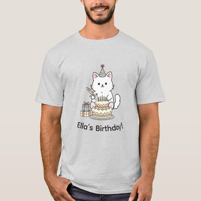 T-shirt "Your name" Festive Birthday Cat with Cake Graphic (Devant)