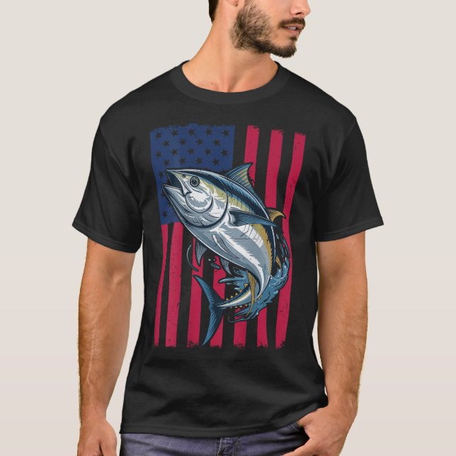 T-shirt Youth Boys Deep Sea Fishing American Flag Bluefin  (Devant)