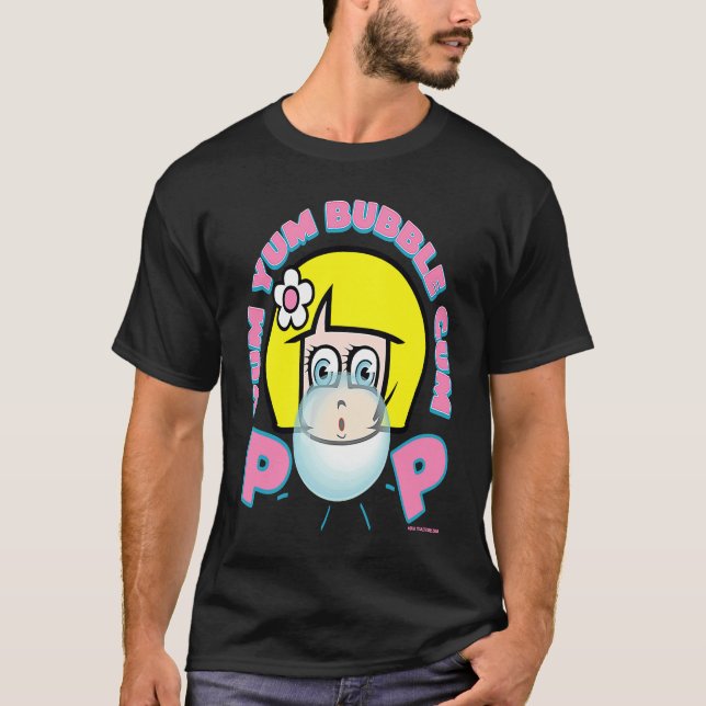 T-shirt YUM YUM BUBBLE GUM GIRL BLOWING BUBBLE RETRO 90's  (Devant)