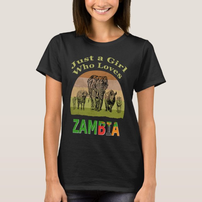 T-shirt Zambia Big 5 Wildlife with Text Just a Girl Who Lo (Devant)