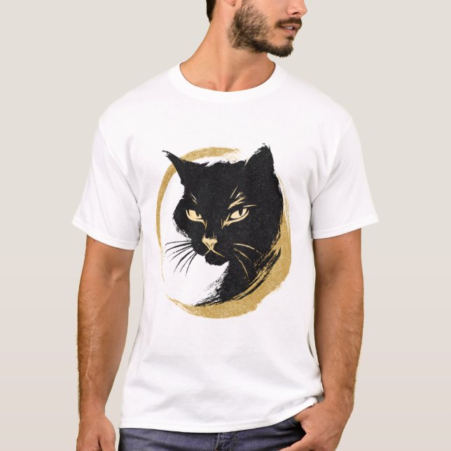 T-shirt Zen Black Cat Gold Enso Minimalist Art Poster. (Devant)