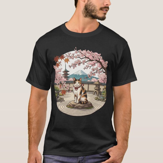 T-shirt Zen Cat in Sakura Cherry Blossom Garden Art (Devant)