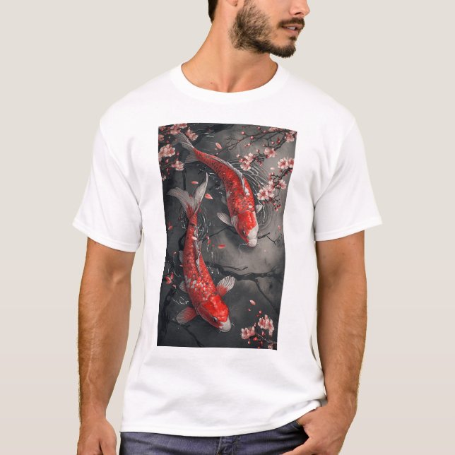 T-shirt Zen Red Koi Fish et Cherry Blossom Pond (Devant)